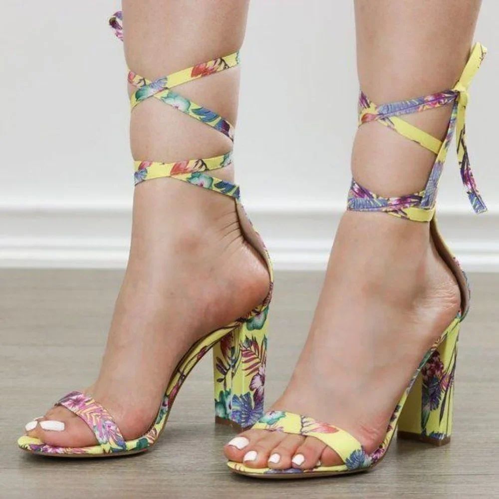 Yellow Floral Laced-Up Leg Tie, Ankle Strap Sandal - Picture 3 of 8
